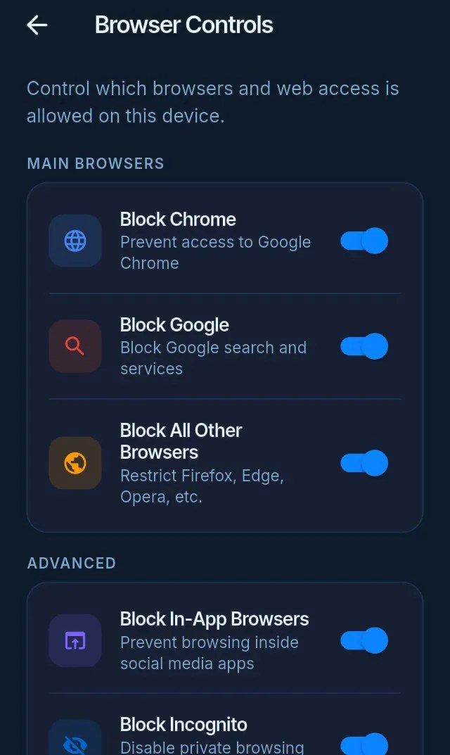 Browser Controls: block Chrome, Google, and other browsers